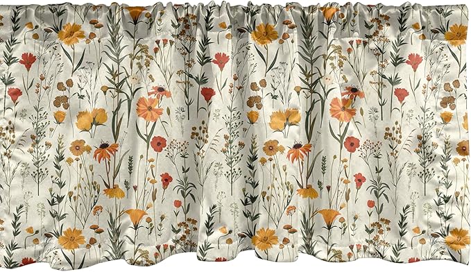 Ambesonne Fall Window Valance, Wild Flowers Illustration Print Vintage Autumnal Theme Farmhouse Vibe, Curtain Valance for Kitchen Bedroom Decor with Rod Pocket, 54" X 12", Mustard Orange Sage Green