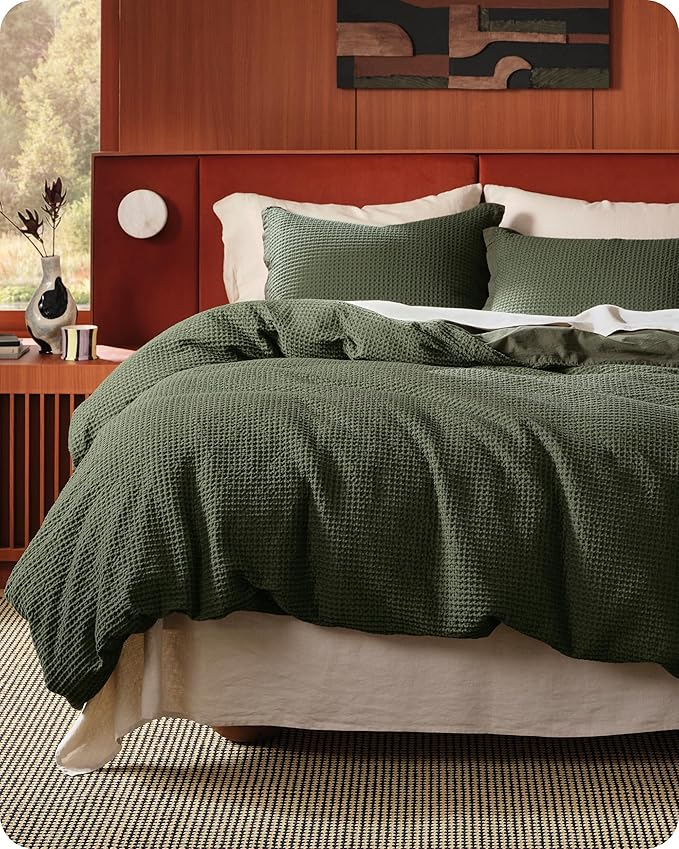 Bedsure Cotton Duvet Cover Set - 100% Cotton Waffle Weave Olive Green Duvet Cover California King Size, GentleSoft™ and Breathable Cal King Bedding Set for All Season, 3 Pieces, 104"x98"