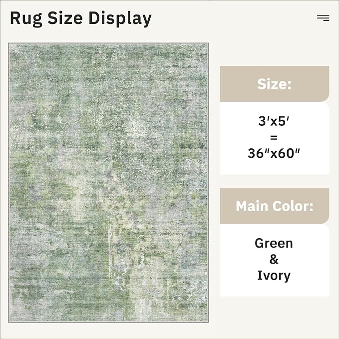 Soalmost Abstract 3x5 Rugs, Small Kitchen Entryway Area Rug Green/Ivory | - Image 5