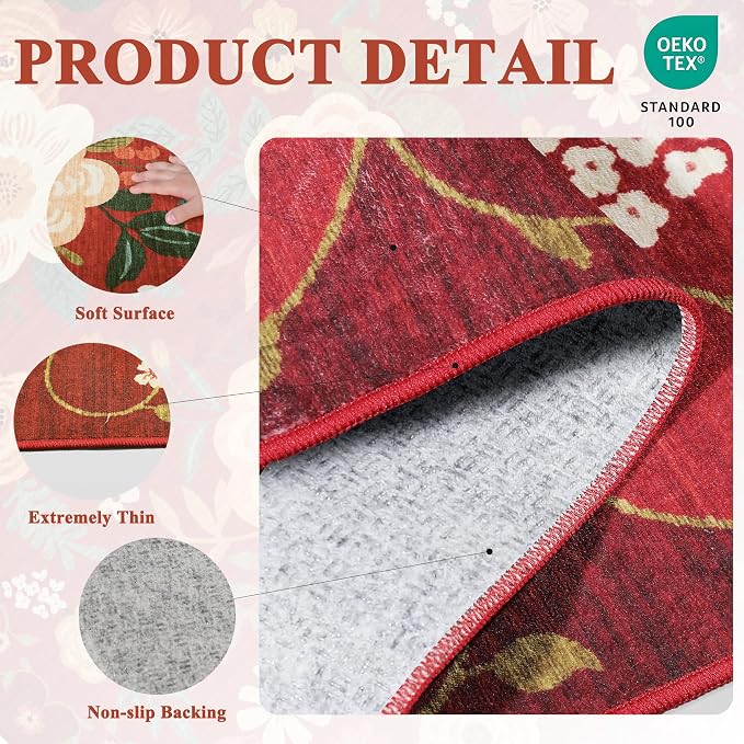 DUKINO 2x6 Runner Rug for Hallway, Washable Kitchen Rugs Non Slip, Floral - Image 5