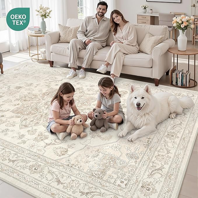 10x12 Area Rugs Living Room: Bedroom Washable Carpet Beige White | Vintage Boho - Image 7