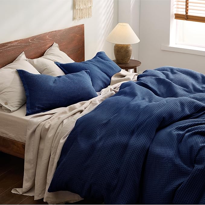 Bedsure Cotton Duvet Cover Set - 100% Cotton Waffle Weave Navy Duvet Cover Oversized King Size, GentleSoft™ and Breathable Bedding Set for All Season, 3 Pieces, 120"x98"