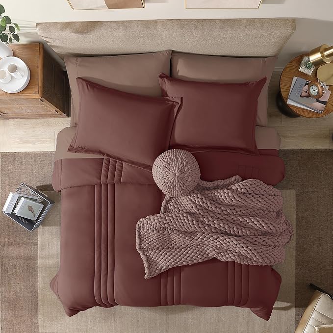 Monbix King Size Comforter Set - 7 Pieces Bed in a Bag King, Dark Red Bedding Sets with Comforter, All Seasons Down Alternative Comforter Bed Set with Sheets, Pillowcases & Shams