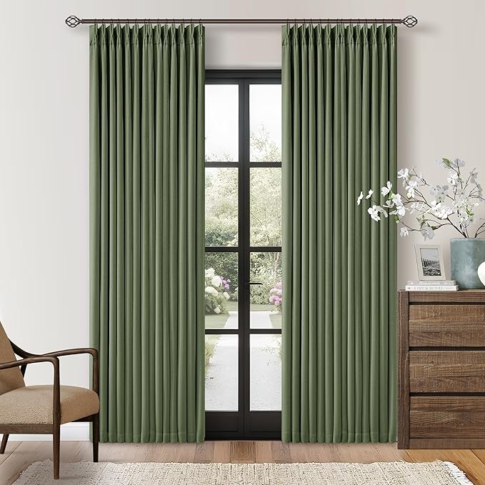80 Inch Olive Green Linen Pinch Pleated Blackout Curtains - Image 9