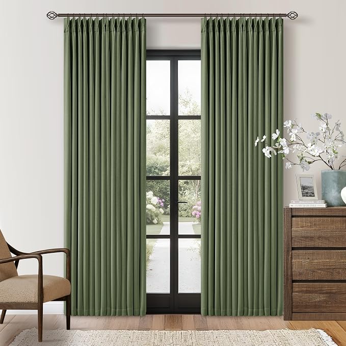 84 Inch Olive Green Linen Pinch Pleated Blackout Curtains Dual Layer | 100% by Twodrapes