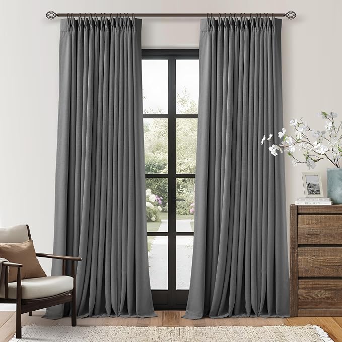 Dark Grey Pleated Thick Linen Blackout Curtains 100 Inches Long by Twodrapes