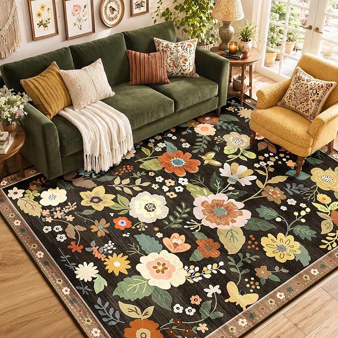 RELEANY Floral Washable 5x7 Area Rugs Black/Yellow | Flower Carpet Print Boho - Image 9
