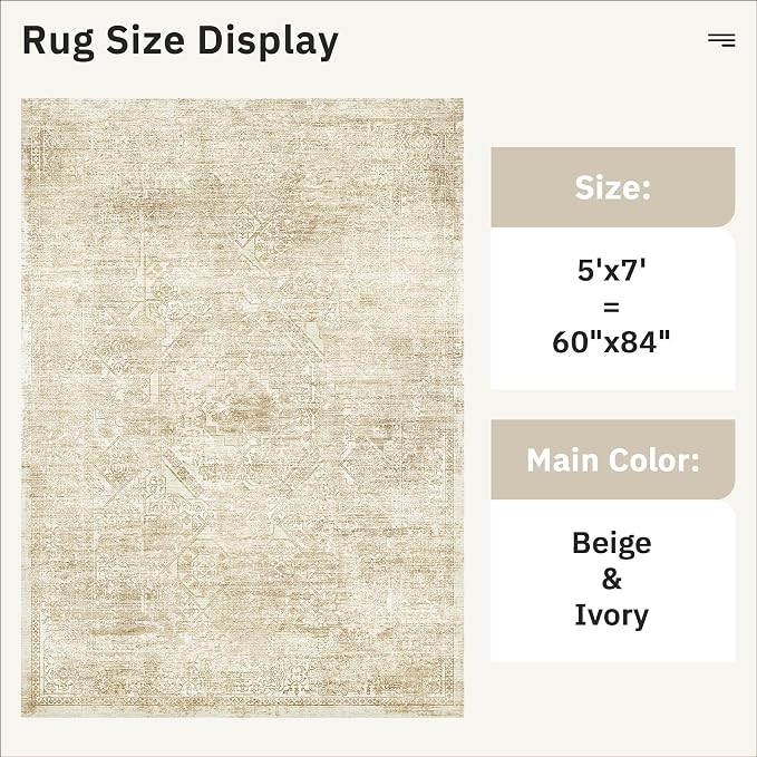 Soalmost 5x7 Area Rugs Beige/Ivory Washable Trendy Faded Style Floral Rugs | - Image 3
