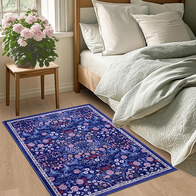 PLHXFR 2x3 Small Entryway Rug: Floral Washable Indoor Soft Carpet Blue | - Image 3