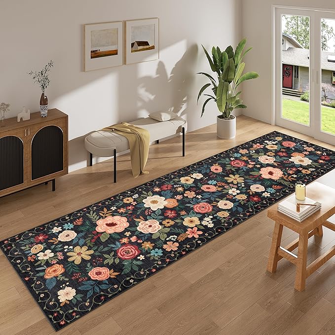 DUKINO 3x10 Runner Rug, Floral Washable Kitchen Runner Rug Non Slip, Low Pile - Image 3