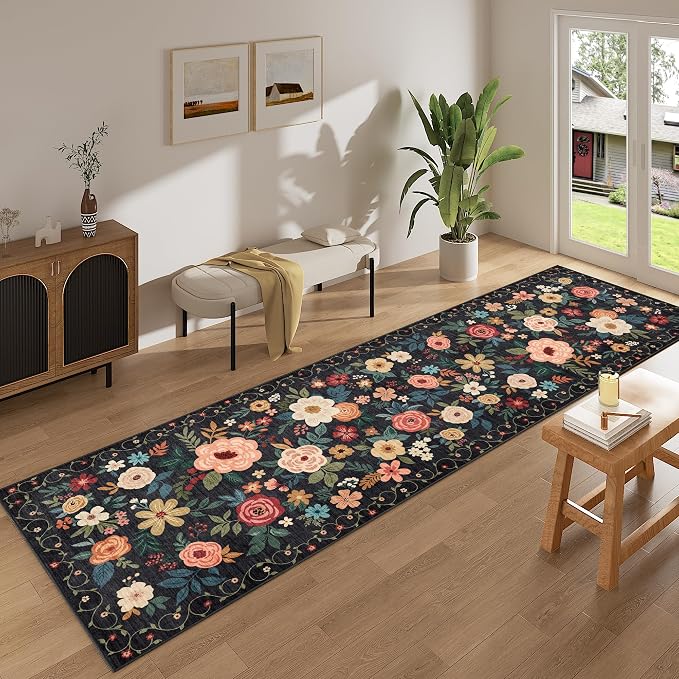 DUKINO 2x10 Runner Rug, Floral Washable Kitchen Runner Rug Non Slip, Low Pile - Image 3