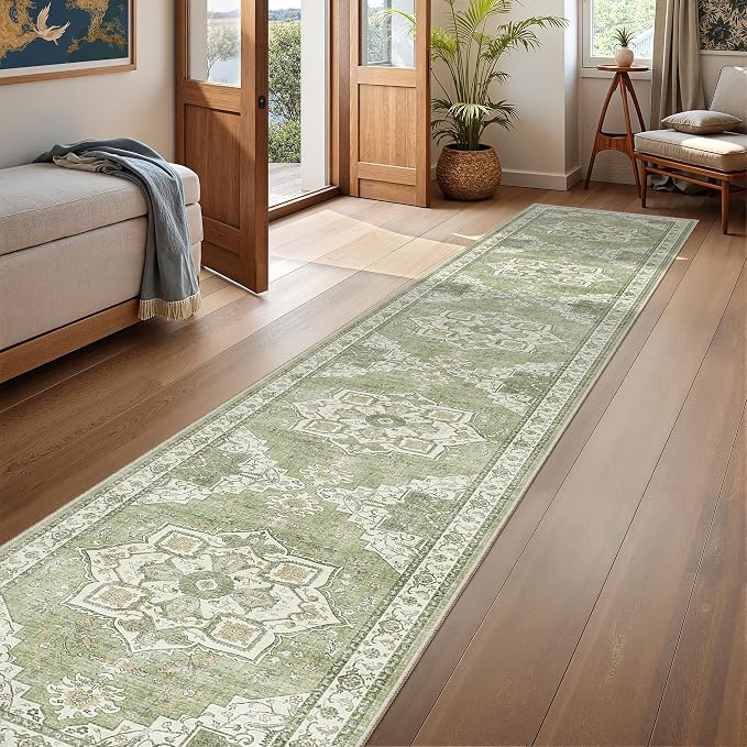 Hallway Runner Rug 2x12 Extra Long Washable Runner, Light Green | Vintage Rug - Image 4