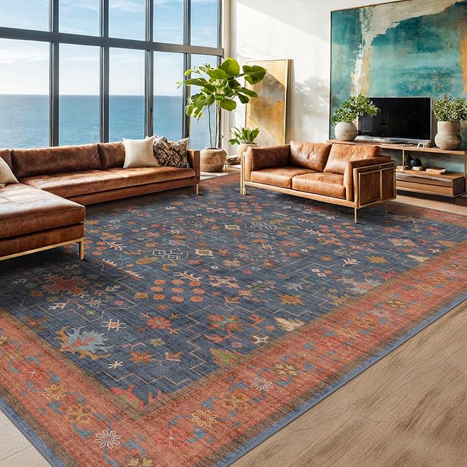 Washable Navy Blue Living Room Rug, 7x10 Area Rug by HazoHaus