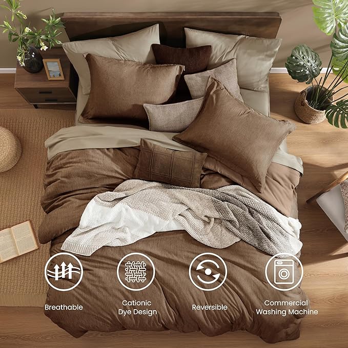 Monbix Queen Comforter Set - 7 Pieces Cationic Dyeing Brown Bed in a Bag Queen Bedding Sets with Comforter, Sheets, Pillowcases & Shams, Reversible Bedding Comforters Sets