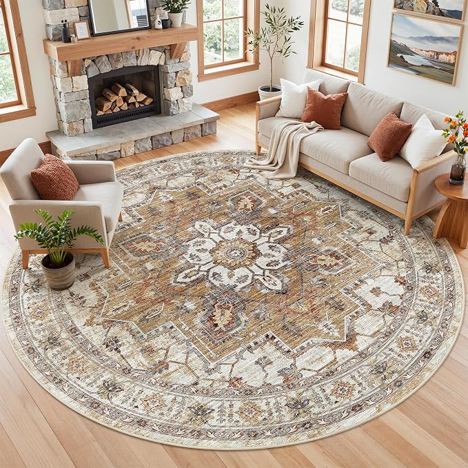 Madane Washable 9ft Circle Round Rug, 9x9 Circular Area Rugs, Turmeric/Grey | - Image 2