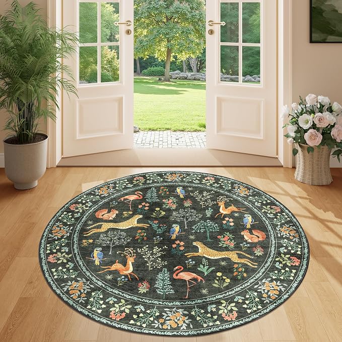 DUKINO 4ft Round Rug, Washable Animal Small Round Area Rug Non Slip, by DUKINO