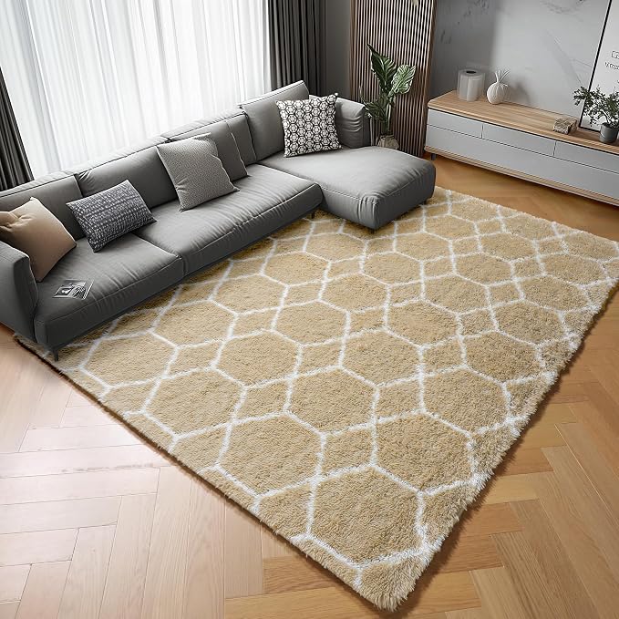 7x9 Area Rugs for Living Room Bedroom, Fluffy Beige and White Geometric Rug | - Image 9