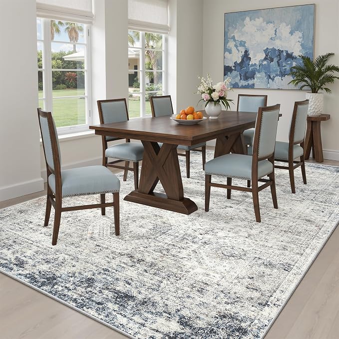 Soalmost 6x9 Area Rug for Living Room Washable Rugs Non-Slip Blue/Ivory | - Image 4