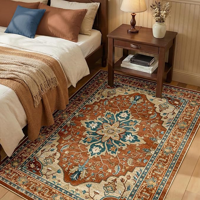 RELEANY Washable Area Rug, Water Repellent, Pet Friendly, Vintage Floral Boho by RELEANY