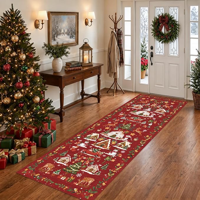 Red 2x6 Kitchen Runner Rug: Non-Slip Printed Hallway Christmas Tree Rugs - Image 5