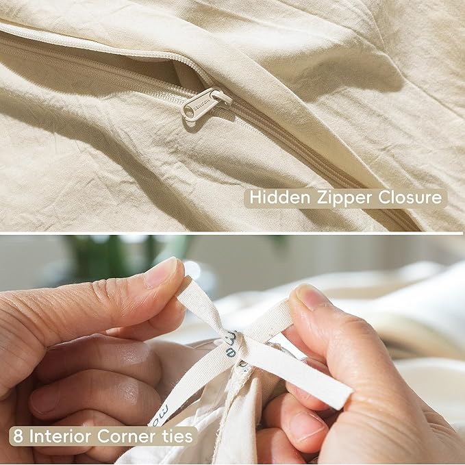 MooMee Bedding Duvet Cover Set 100% Washed Cotton Linen Like Textured Breathable Durable Soft Comfy (Heathered Almond Milk Grey, Oversized Full 82"x86")