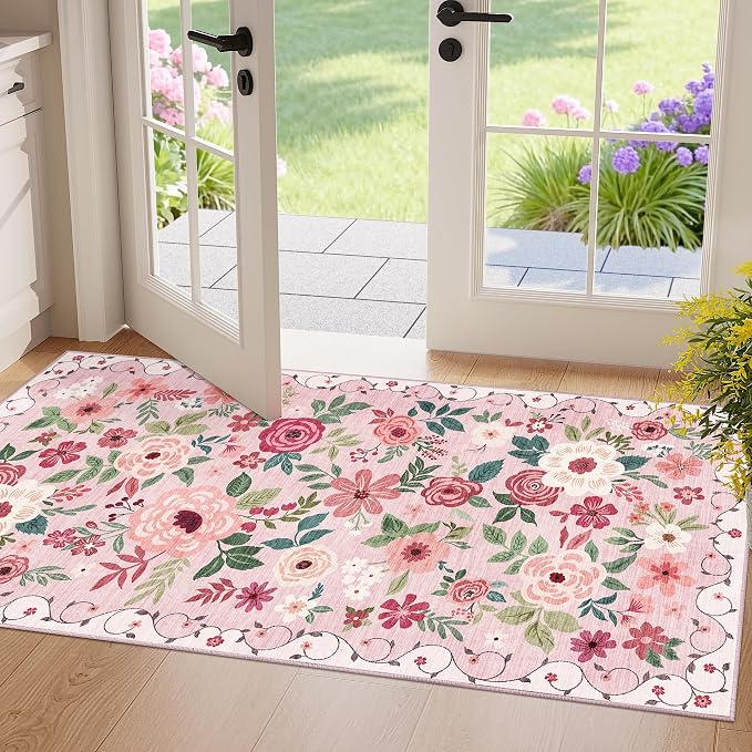 DUKINO 2x4 Entryway Rug, Floral Washable Kitchen Rugs Non Slip, Soft Indoor by DUKINO