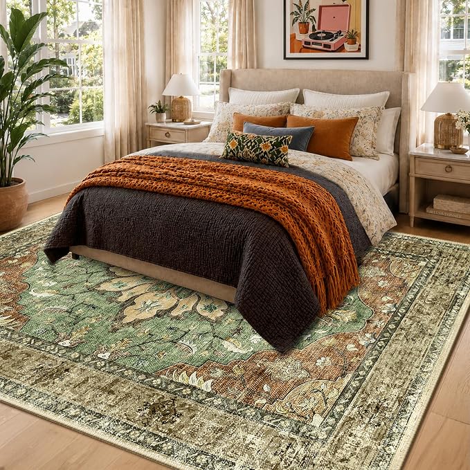 RELEANY Washable Area Rug, Brick/Brown/Green | Non-Slip, Water Repellent - Image 3