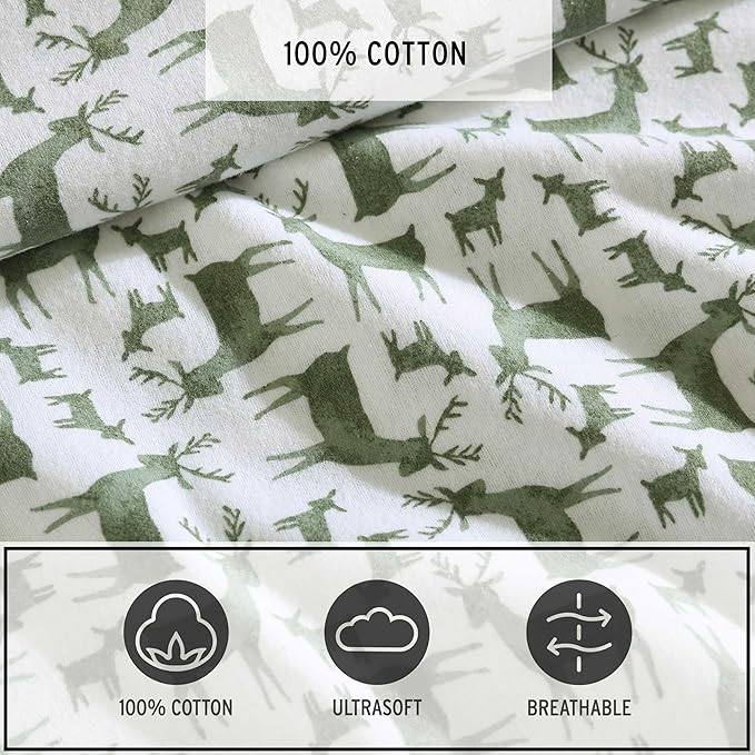Eddie Bauer - Flannel Sheets Full Size, Anti-Pilling & Wrinkle Resistant Cotton, Touchably Soft for All-Season Comfort - Bed Sheets with Matching Pillowcases & Fitted Sheet (Deer Camp Green)