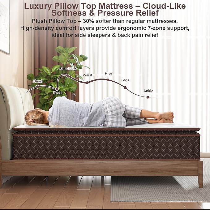 Swbvs Queen Mattress, 14 Inch Pillow Top Queen Size Mattress – Plush Comfort with Pocketed Coils & Pressure Relief – Ideal for Side Sleepers, Motion Isolation & Back Pain Relief,Firm