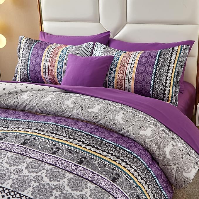 Boho Comforter Set California King Size,8 Piece Bed in a Bag Bohemian Striped Bedding Quilt Set,Purple Paisley Floral Comforter and Sheet Set,Soft Microfiber Complete Bedding Sets for All Season