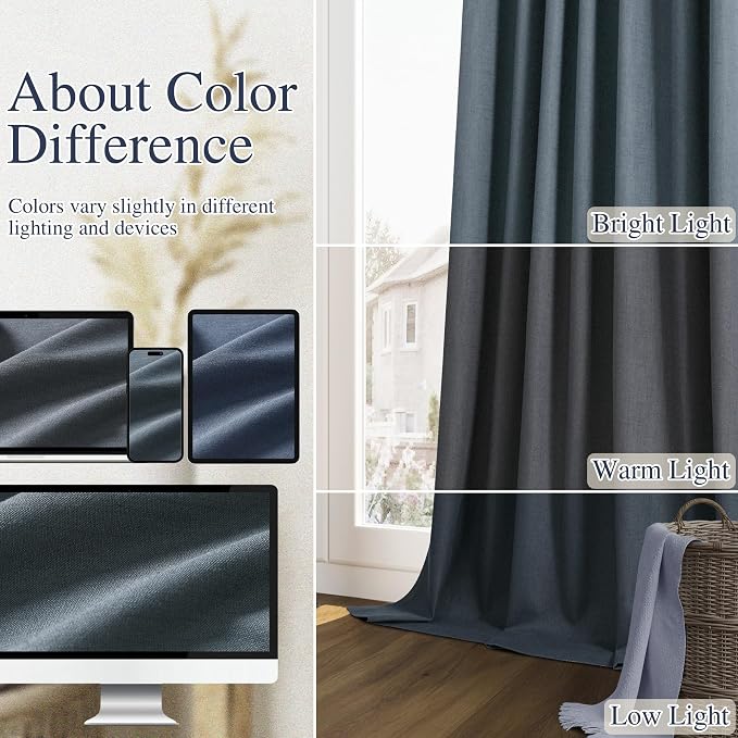 Vintage Blue 100% Blackout Linen Curtains 72 Inch Length 2 Panels Set - Image 7