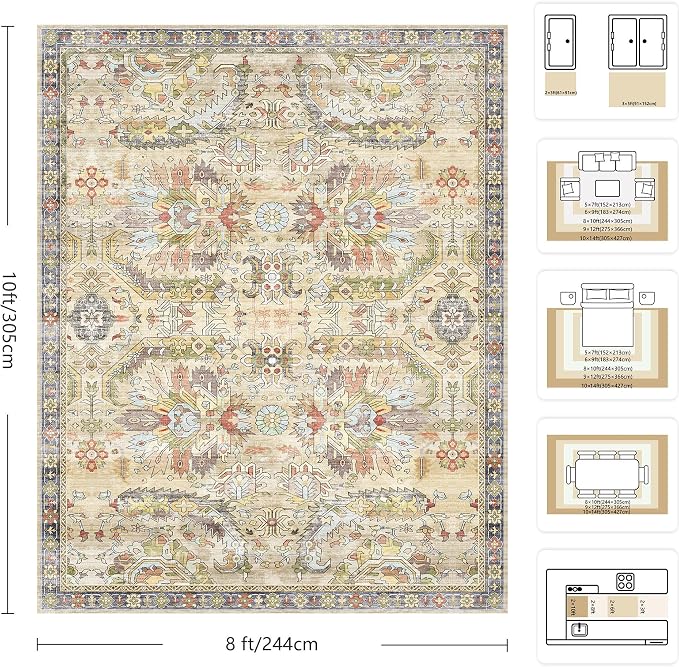 8x10 Area Rugs, Vintage Retro Soft Washable Rug, Non-Slip Low Pile Rugs - Image 2
