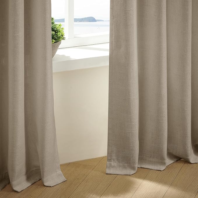 Grey Beige Pinch Pleated Semi Sheer Linen Curtains 92 Inches Long 2 Panel | - Image 8