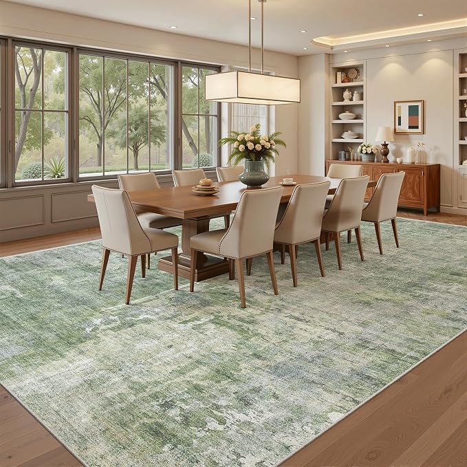 Soalmost 10x12 Area Rugs for Living Room Washable Rug Abstract Green/Ivory | - Image 4