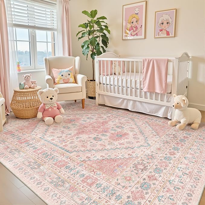 Pink Rugs for Bedroom-7x9 Area Rugs for Living Room, Girls Room | Washable Rugs - Image 4