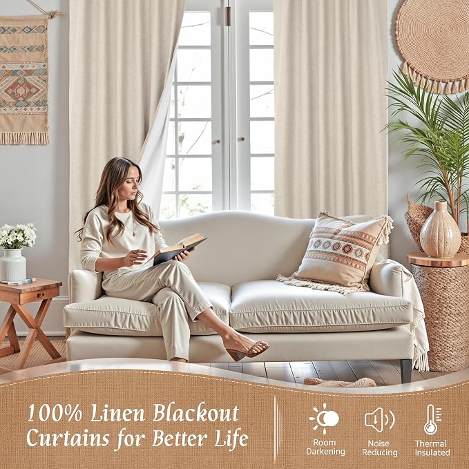 Oatmeal 100% Blackout Linen Curtains 63 Inches - Image 2