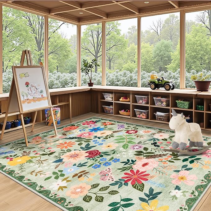 PLHXFR 6x9 Area Rug Living Room: Floral Washable Boho Soft Carpet Green | - Image 5