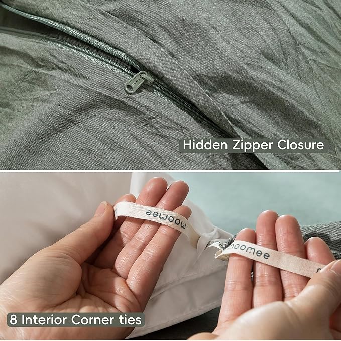 MooMee Bedding Duvet Cover Set 100% Washed Cotton Linen Like Textured Breathable Durable Soft Comfy (Heathered Green, Oversized Full 82"x86")