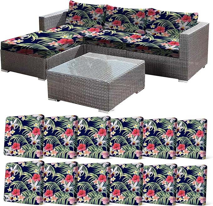 CALBODE 12 Pcs Stretch Outdoor Seat Cushion Covers, Tropical Floral, by CALBODE