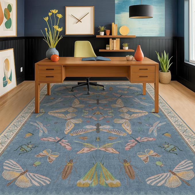 6x8 Blue Floral Area Rug for Living Room, Bedroom & Dining Room Table, Washable - Image 3