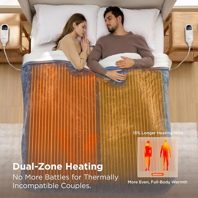 Bedsure Heated Blanket Queen Size, Dual Control Electric Blanket, 6 Heat/6 - Image 3