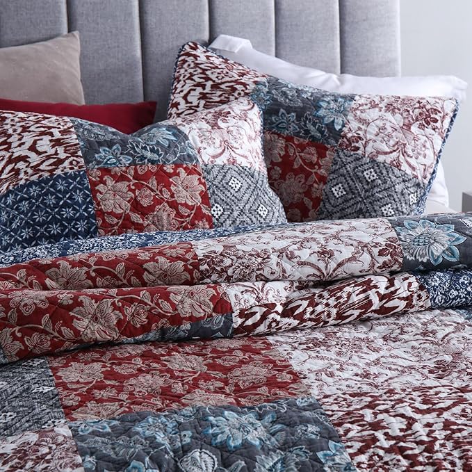 Secgo Queen Comforter Set for Bed - 100% Cotton Quilts Queen Size, Burgundy Bedspreads (90 * 98 Inch) with 2 Pillow Shams, Patchwork Reversible Lightweight Bedding