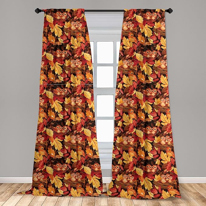 Ambesonne Fall Window Curtains Pack of 2, Happy Autumnal Colors with Birds in Nests Cartoon Illustration Print, Lightweight Set with Rod Pocket, 4 Panels of - 28" x 84", Cinnamon Amber and Orange