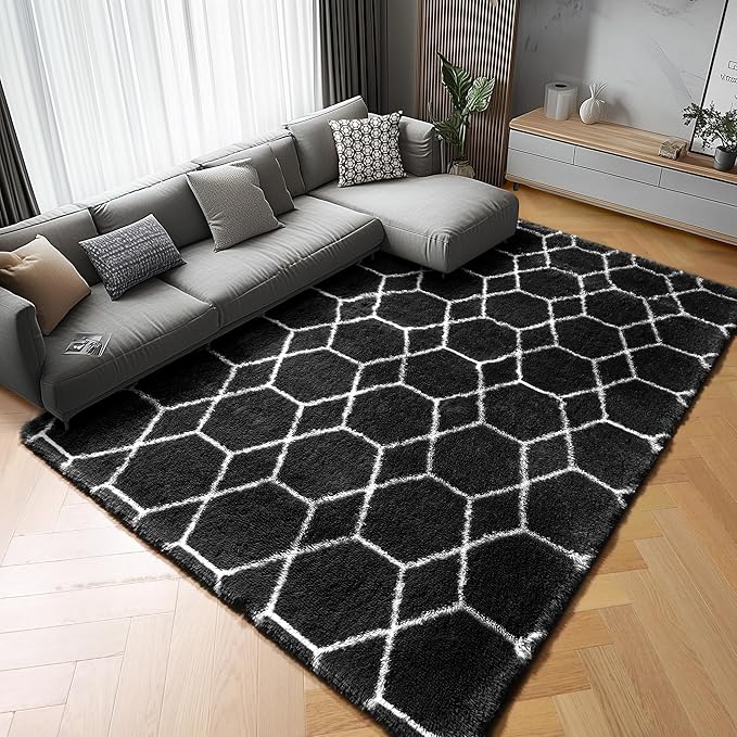 8x10 Area Rugs for Living Room, Fluffy Black and White Bedroom Modern Rug | - Image 6