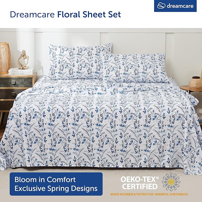 DREAMCARE Queen Size Sheets - Floral Sheets Queen Size Bed Set - 4pcs Queen Sheet Set - Cooling Bed Sheets - Queen Size Sheet Sets - Soft & Long Lasting 100% Brushed Floral Bed Set - Floral Blue
