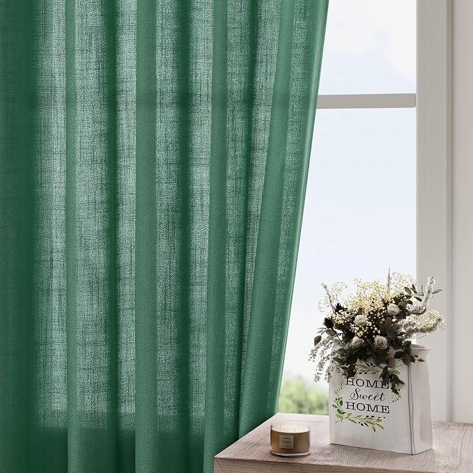 Dark Green Linen Curtains 96 Inches Long 2 Panels Set - Image 4