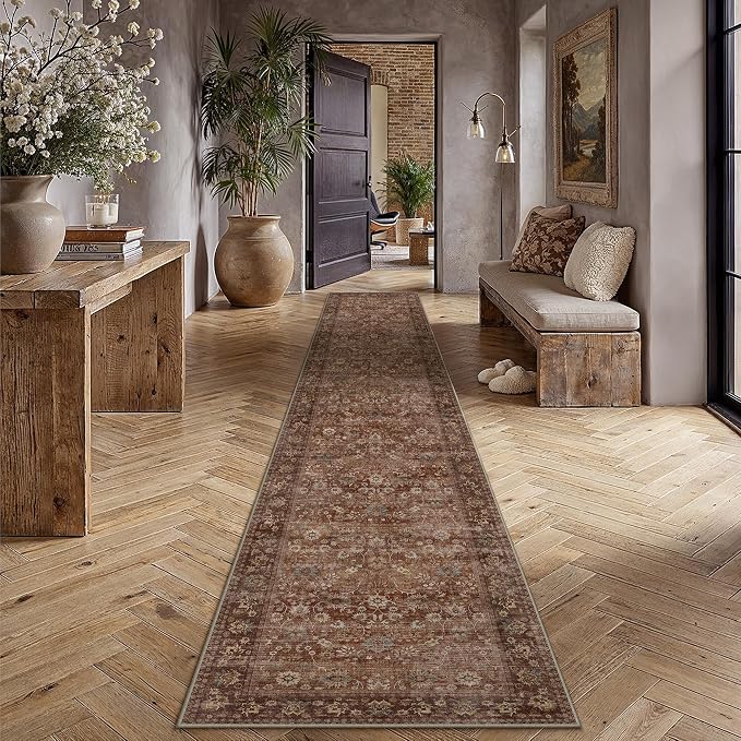 2'6''x12' Brick Red Vintage Floral Washable Runner Rug by HUGEAR