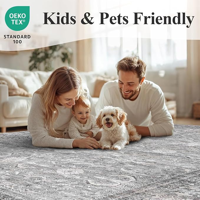 Schweek Grey 5x7 Area Rug for Living Room Washable Vintage Neutral Rugs | Non - Image 8