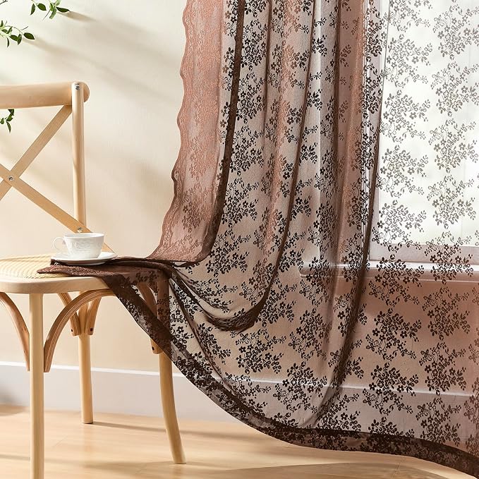 YJ YANJUN Vintage Lace Curtains 96 Inches Long-Victorian Floral Sheer Brown - Image 4