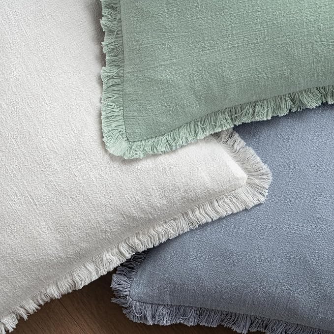 MIULEE Boho Linen Fringe Decorative Throw Pillow Covers Light Blue 20x20 | Set - Image 4
